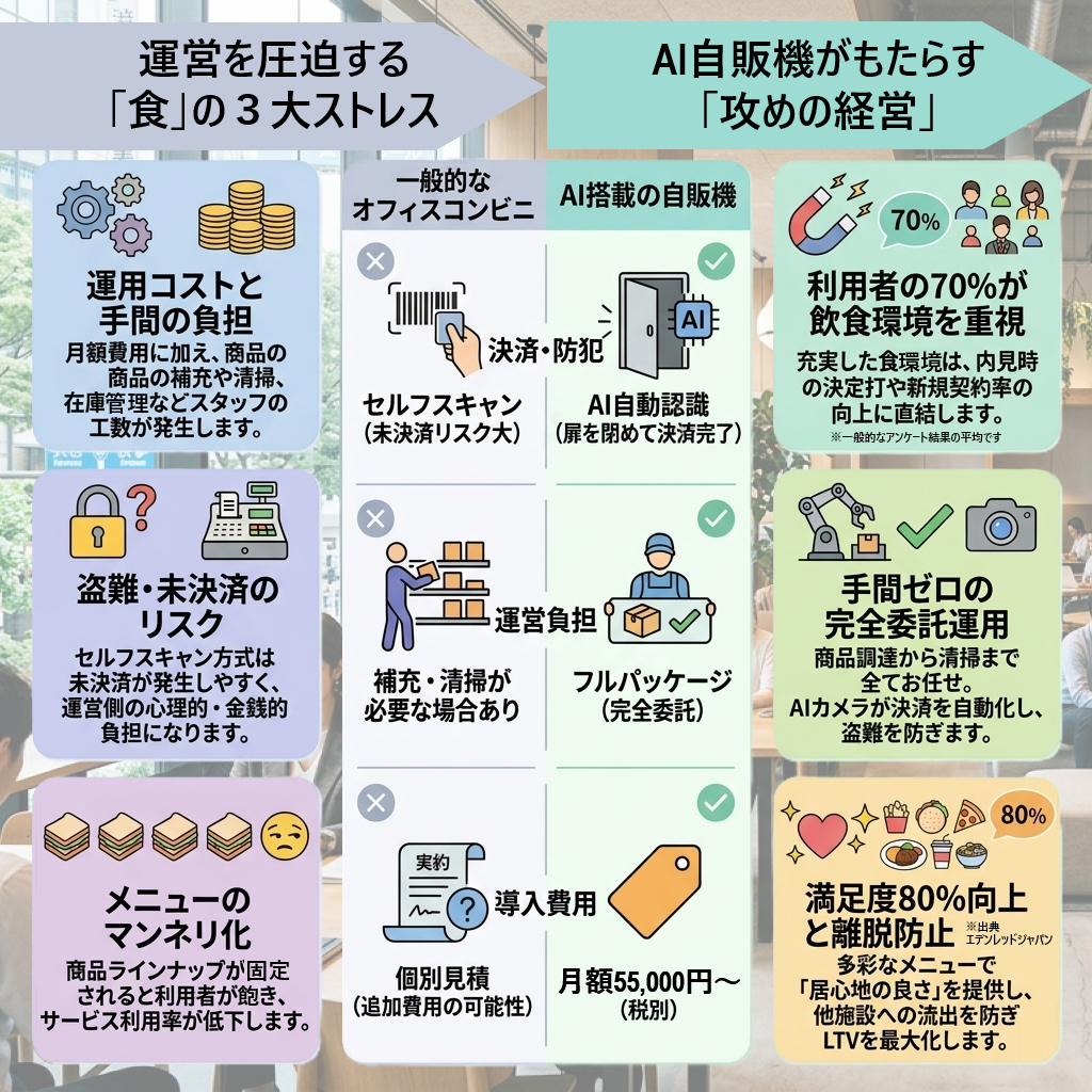 オフィスコンビニの課題とAI自販機のメリットを比較したインフォグラフィック。「運用コスト」「盗難リスク」「メニューのマンネリ化」という3つのストレスに対し、AI自販機は「自動決済による防犯」「完全委託運用」「月額47,000円の定額制」で解決することを提案しています。導入により利用者の満足度が80%向上し、施設運営の質を高める効果を強調しています。